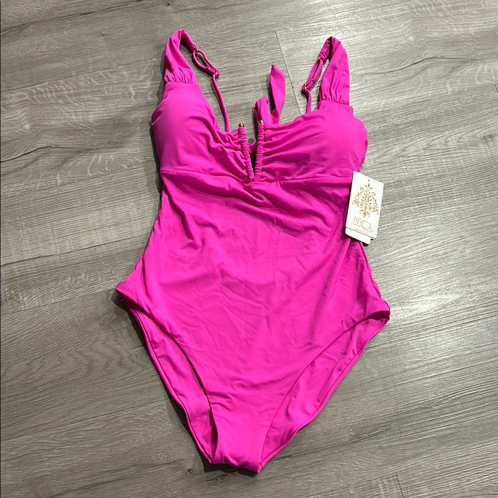 BECCA By Rebecca Virtue Color Code V-Wire Neck Shirred Front One Piece S…